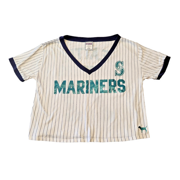 Victoria's Secret Pink Tops - Seattle Mariners MLB Pinstripe Glittery V Neck Crop Top Jersey Shirt Women's S